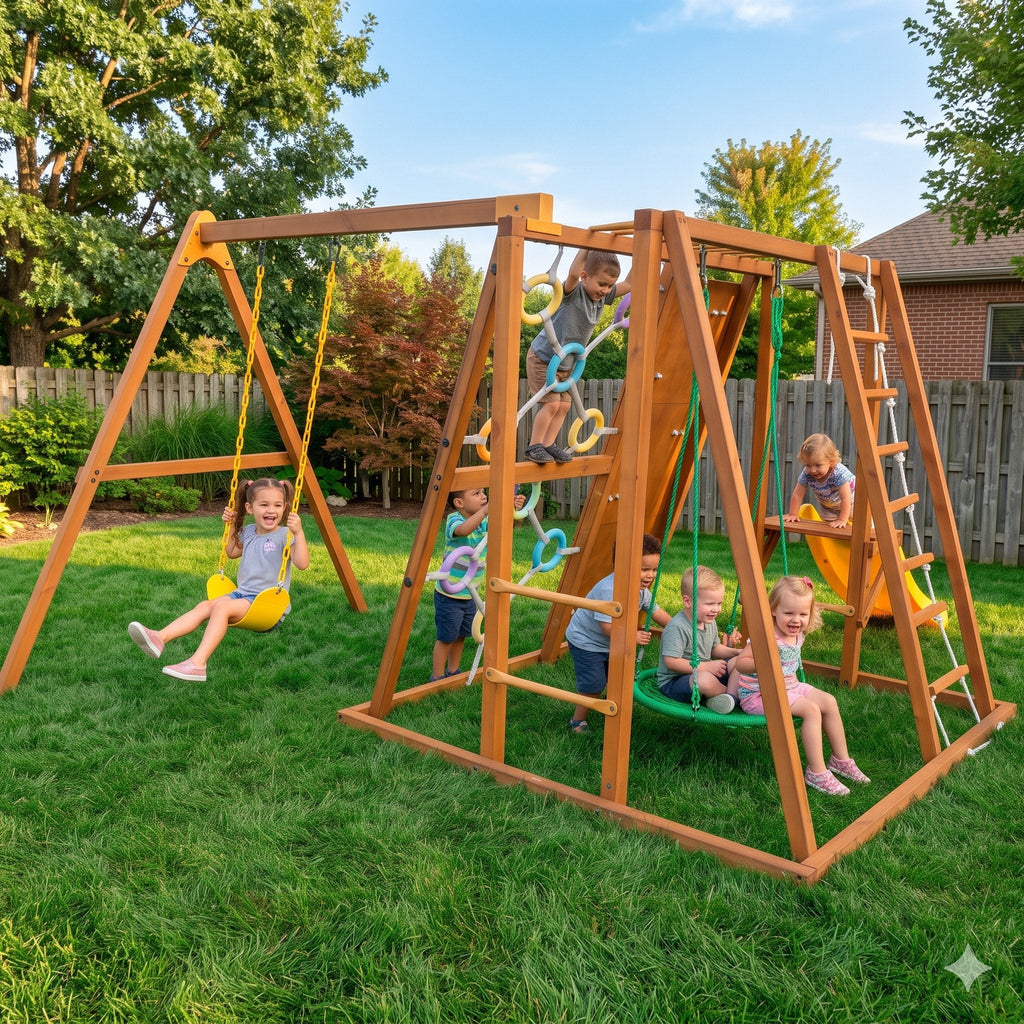 Children climbing, swinging and sliding on the Sycamore backyard playset