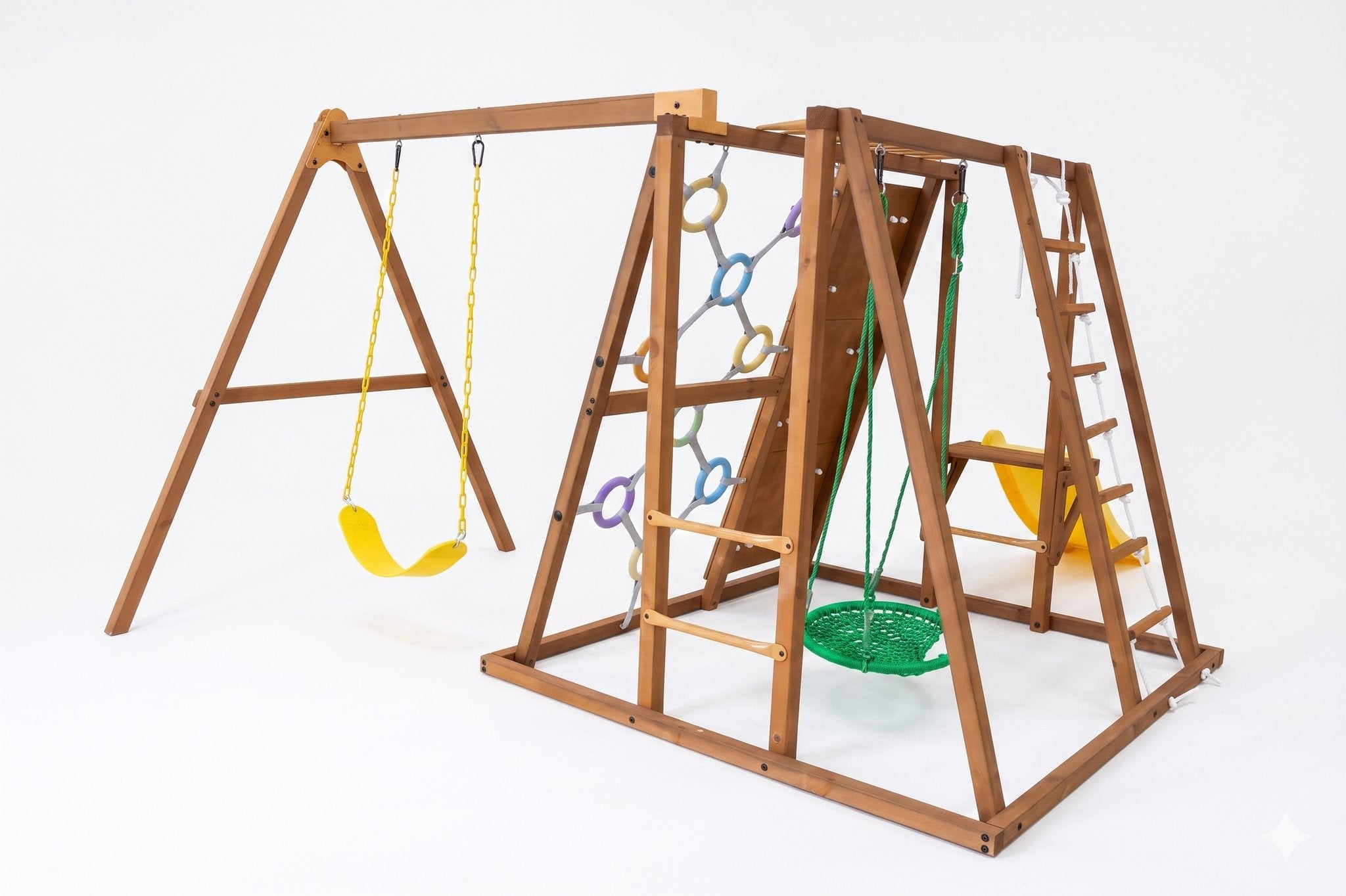 Side view of the Sycamore Large climbing frame with rope ladder, ring web, slide and nest swing