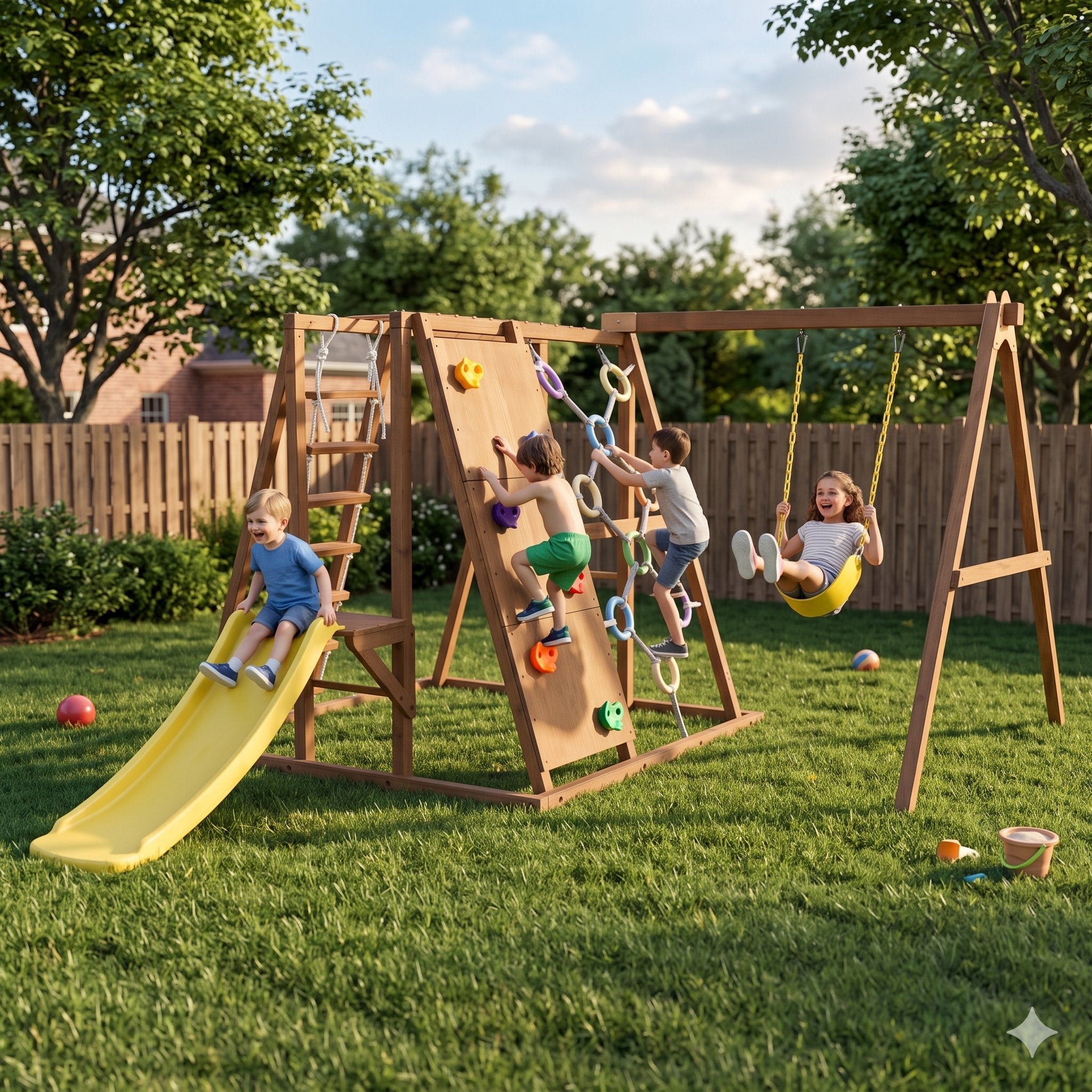 Boy sliding down the yellow slide of the Sycamore Large outdoor play set