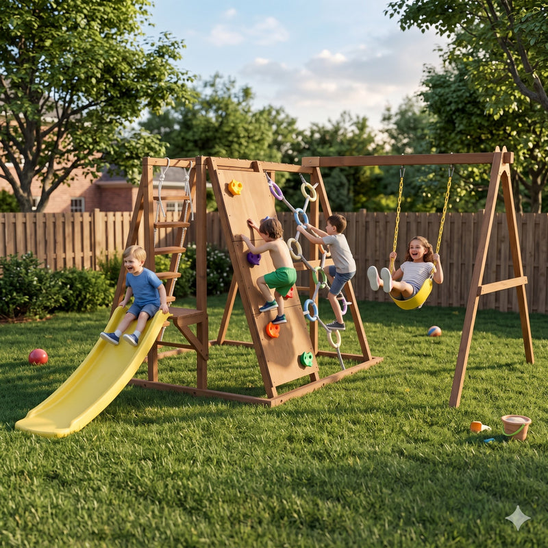 Boy sliding down the yellow slide of the Sycamore Large outdoor play set