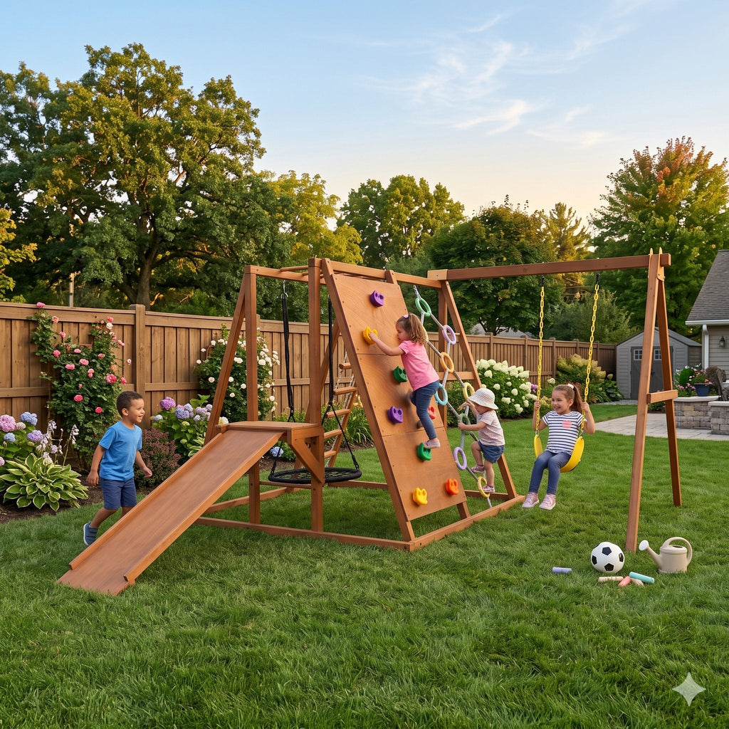 Kids playing on the Sycamore outdoor swing set and jungle gym in a backyard