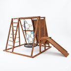 Side view of the Sycamore XL climbing frame with rope ladder, ring web and nest swing