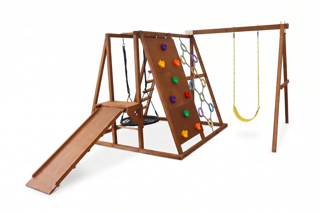 Sycamore outdoor swing set, X-Large size with wooden climbing ramp