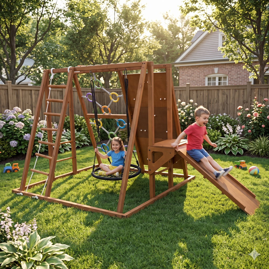 Girl on the saucer nest swing of the Sycamore XL backyard swing set