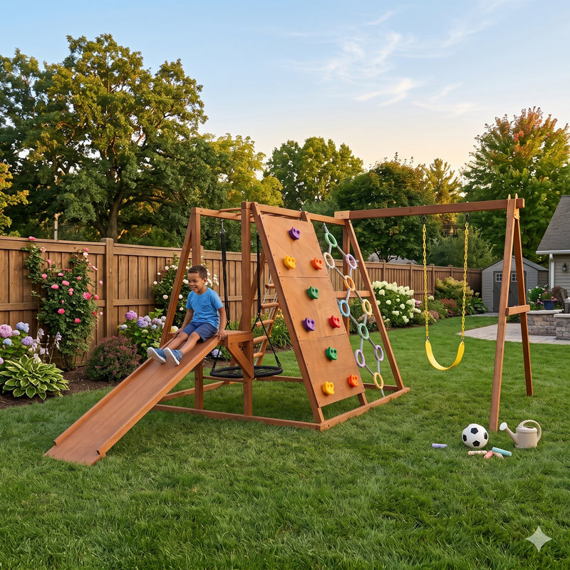 Boy climbing up the wooden ramp of the Sycamore XL outdoor play set
