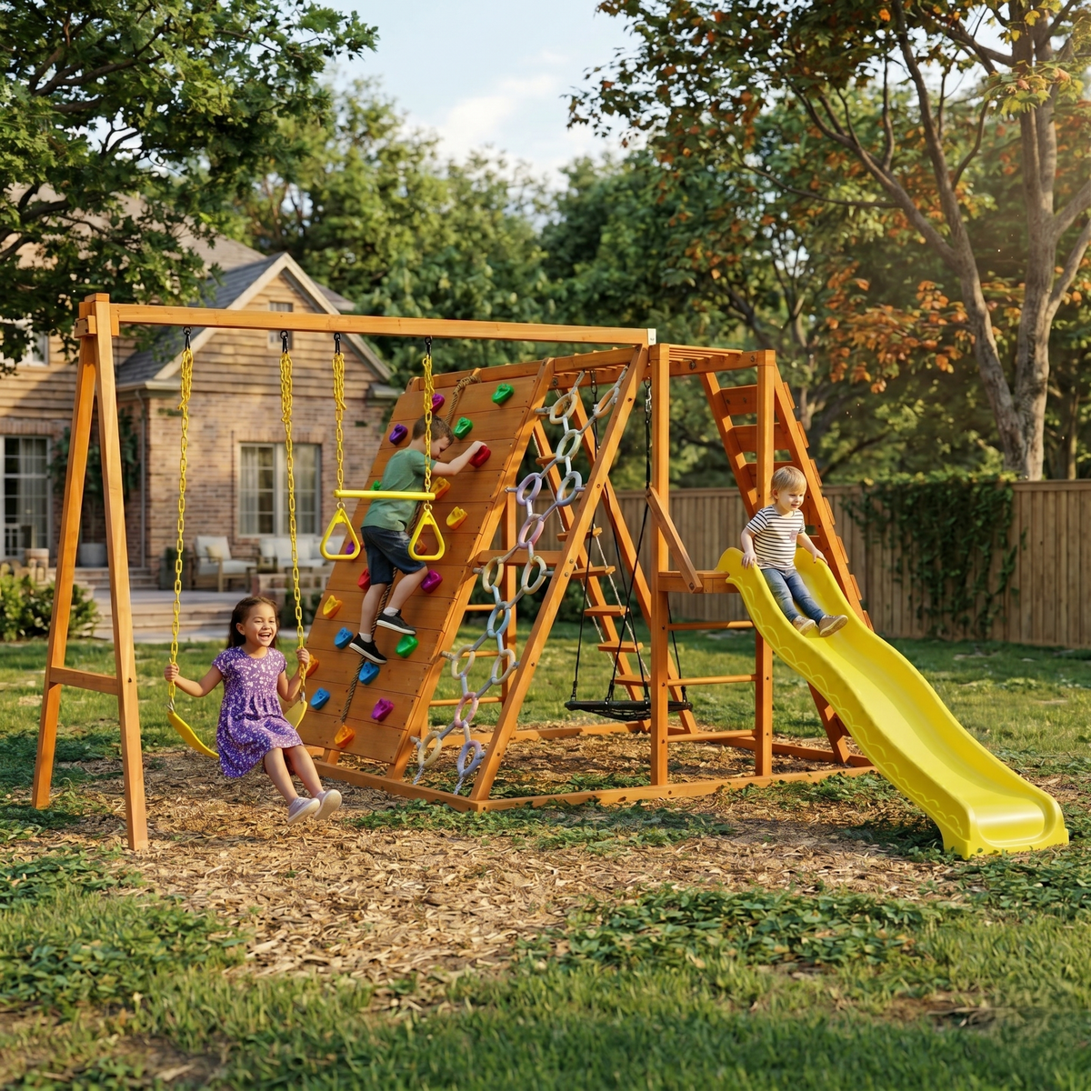 Child playing on Avenlur Sycamore playset outdoors