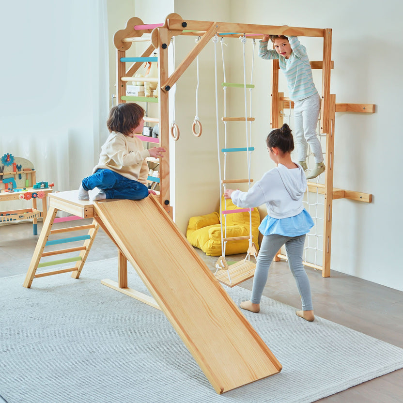 Child climbing an Avenlur wall mounted Swedish ladder climber