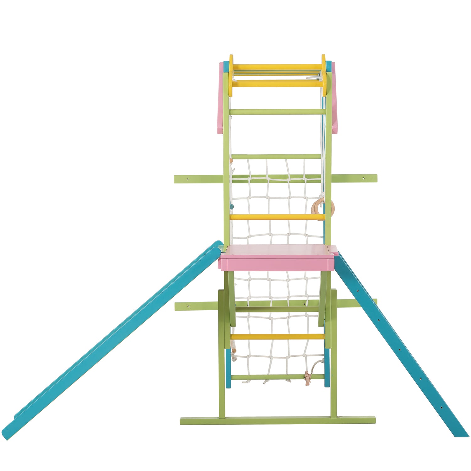 The Grove Jungle Gym - Avenlur's Premium 8 in 1 Wooden Playset for Older Kids - Colorful Edition - Side View