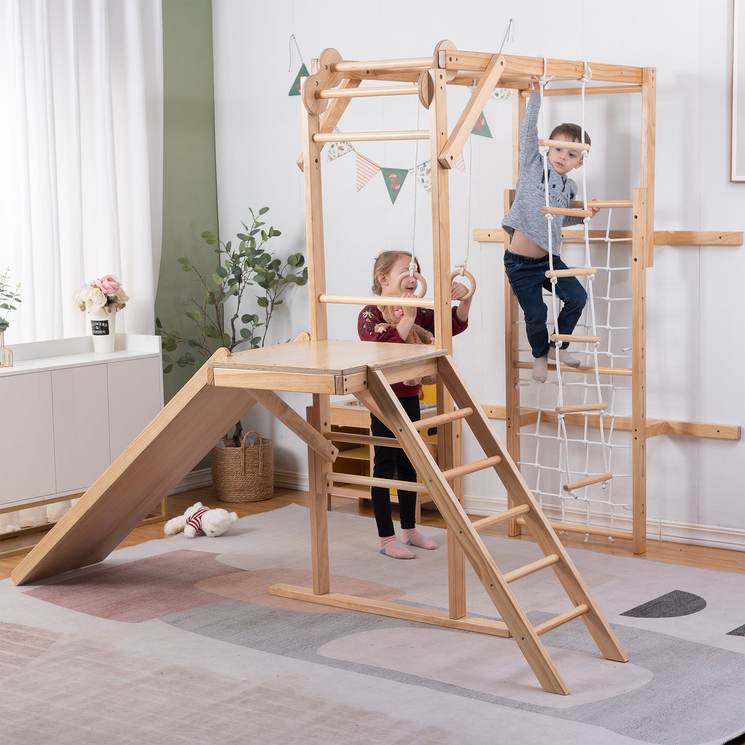 Children Playing on The Grove Jungle Gym - Avenlur's Premium 8 in 1 Wooden Playset for Older Kids in Natural Wood Color
