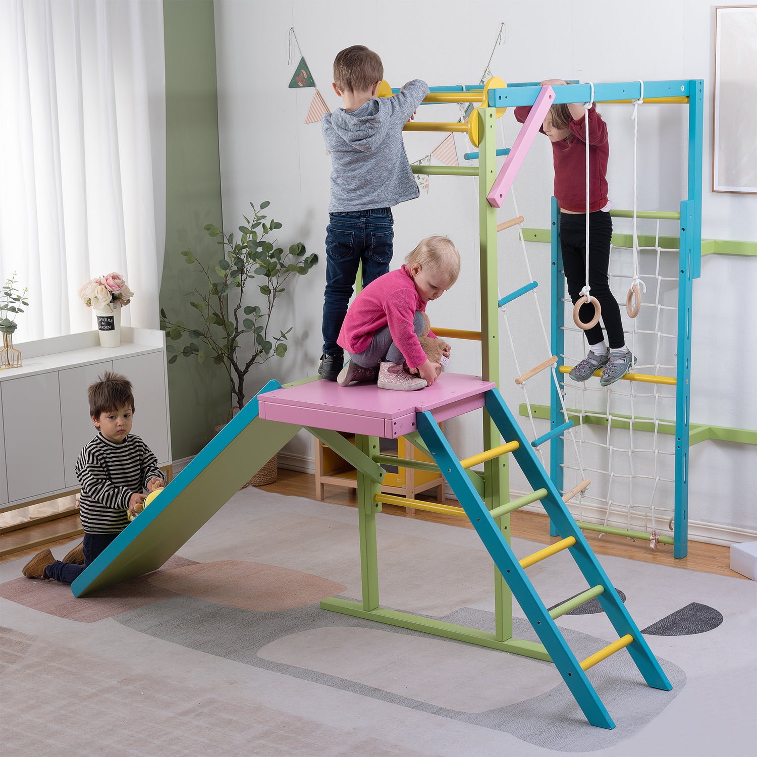 Children Playing on The Grove Jungle Gym - Avenlur's Premium 8 in 1 Wooden Playset for Older Kids - Colorful Edition
