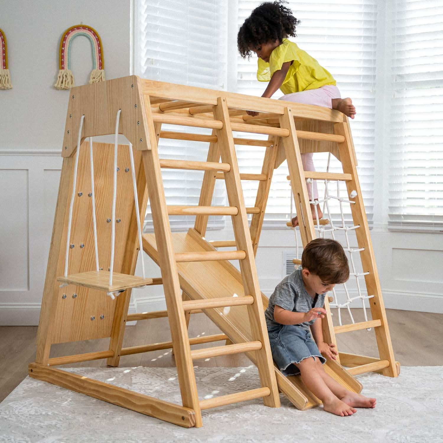 Wooden playset with deals slide