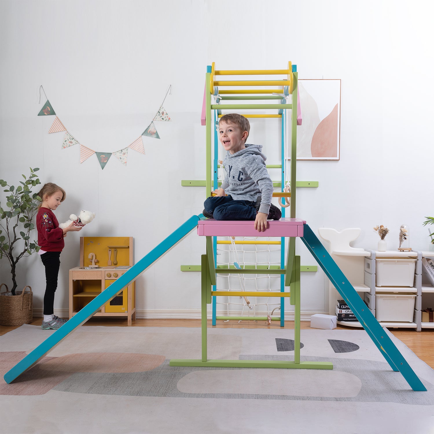 Children Playing on The Grove Jungle Gym - Avenlur's Premium 8 in 1 Wooden Playset for Older Kids - Colorful Edition