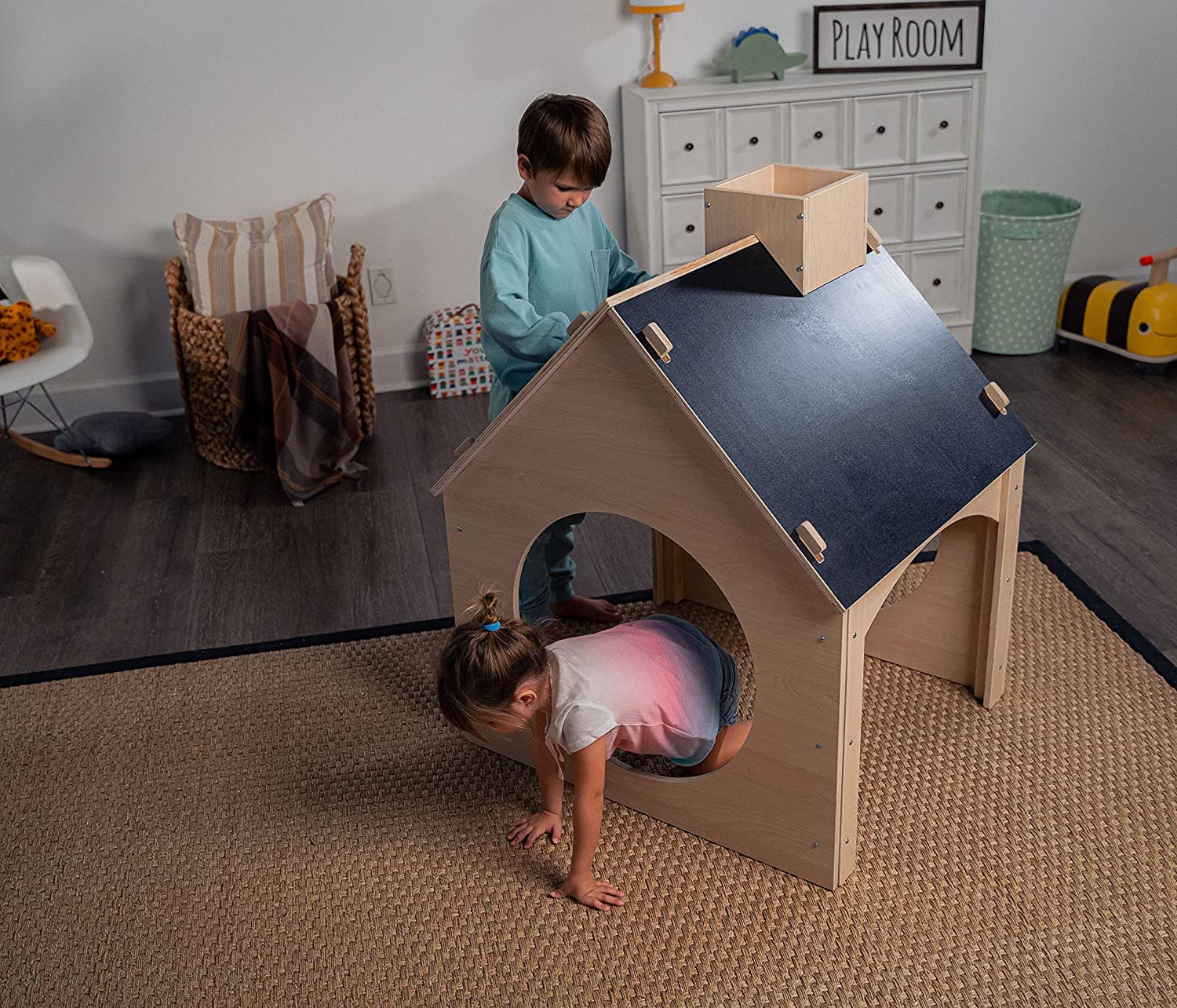 Children Playing Inside Evergreen - Avenlur's Children's Playhouse With Chalkboard - in Playroom