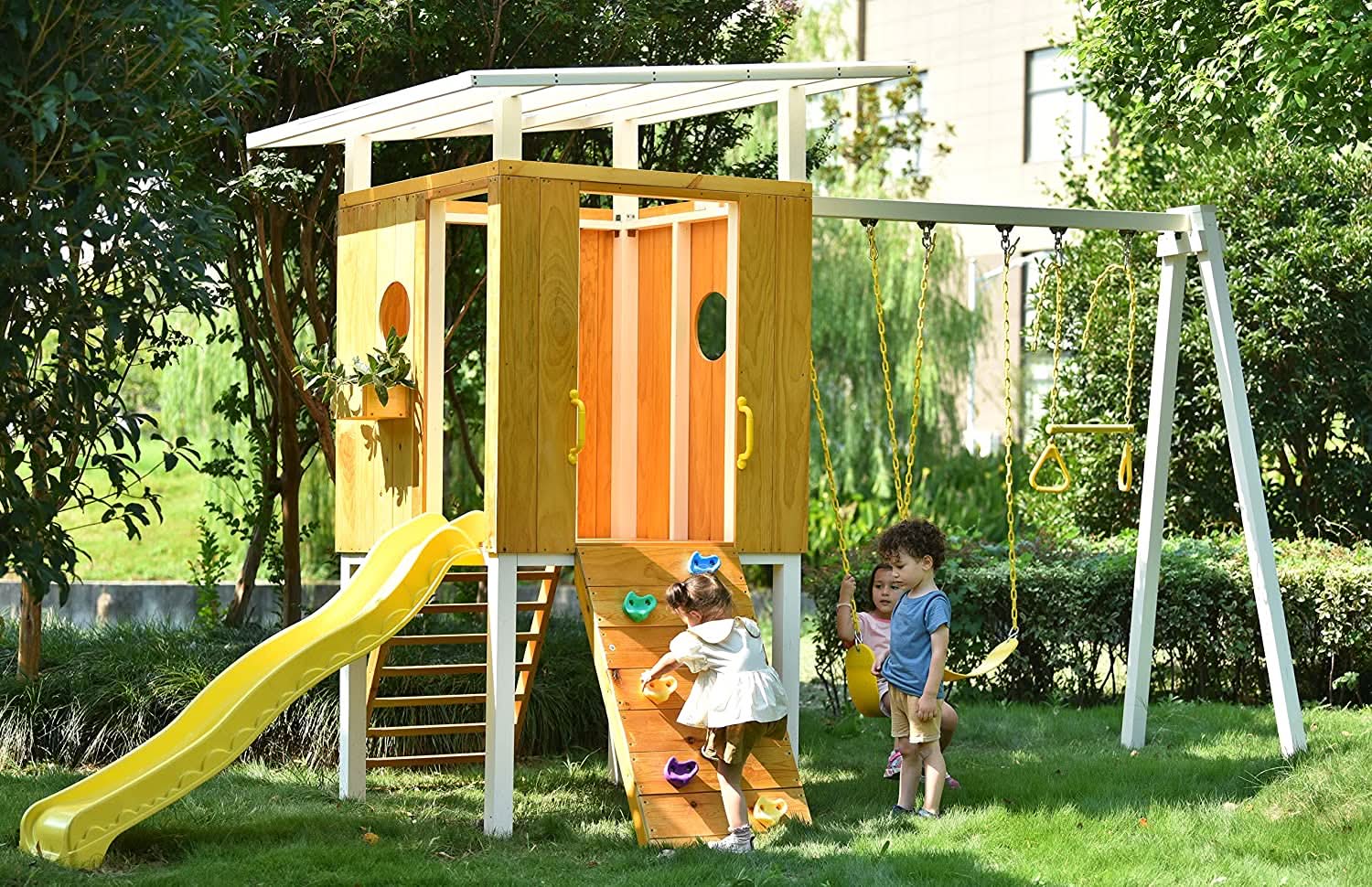 Forest - Modern Backyard Outdoor Swing Set 2 Swings And Trapeze Bar.