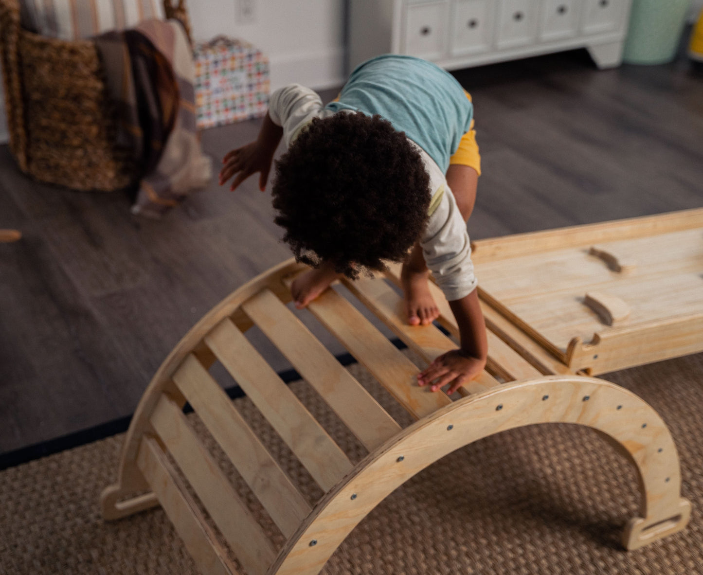 Child Climbing on Hazel - Avenlur's Pikler Triangle Ladder with Arch Ramp, Slide, Rocker, and Triangle Rock Climber