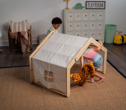 Children Playing in Foxtail - Avenlur's Playhouse Tent and Climber Gym, Made from Natural Pine Wood - Play Tent Configuration
