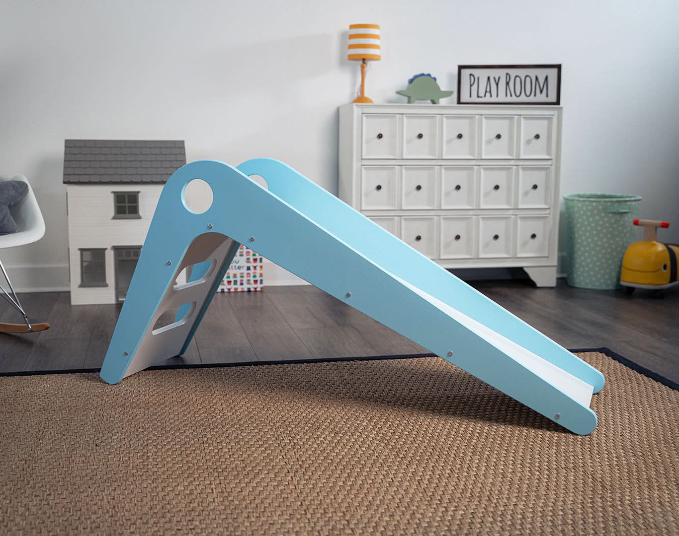 Manuka - Avenlur's Safe and Fun Indoor Toddler Slide in Blue in Playroom - Side View