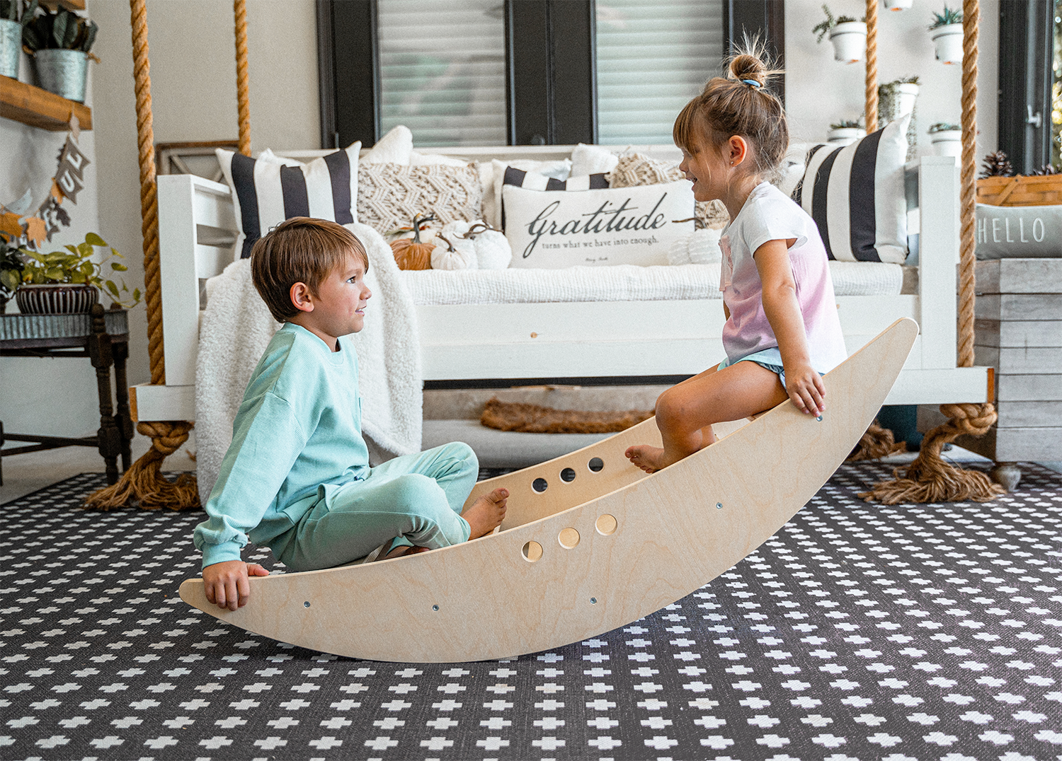 Children Rocking in Rowan - Avenlur's Reversible Rocking Boat & Bridge - In Playroom