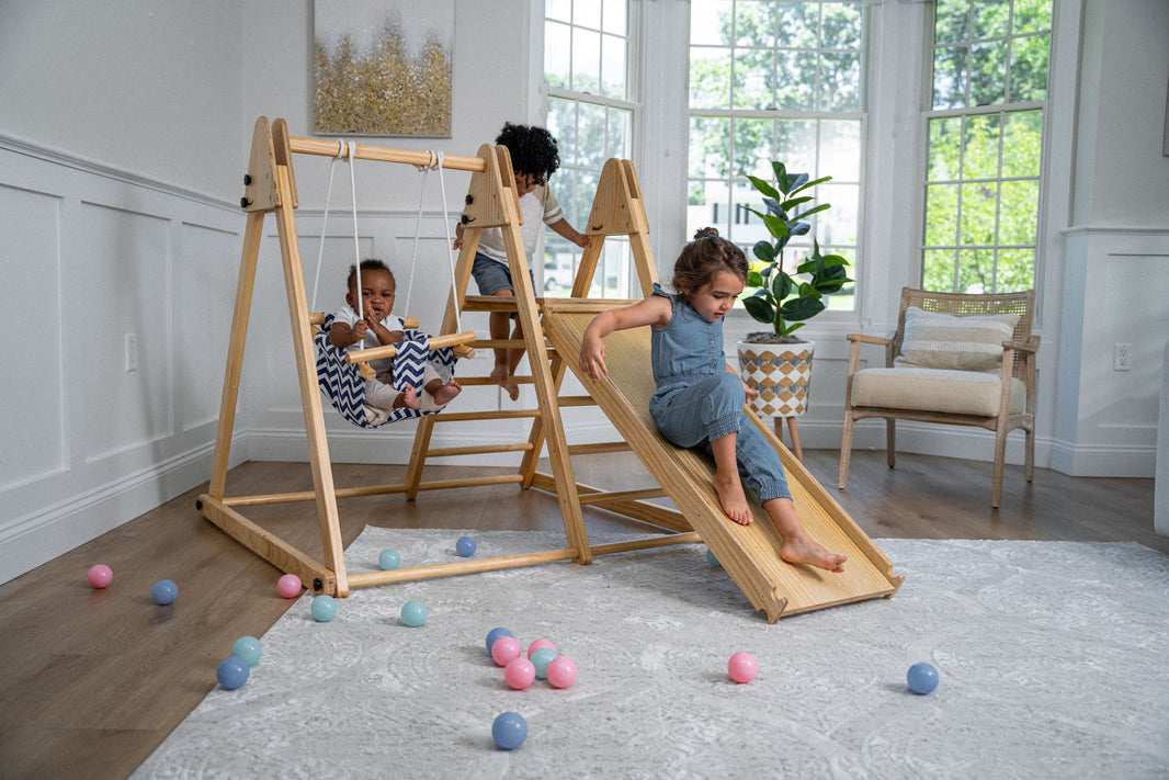 Avenlur's Juniper Real Wood Folding Playset - Frontal View - Featuring Interchangeable Wooden Swing Detail