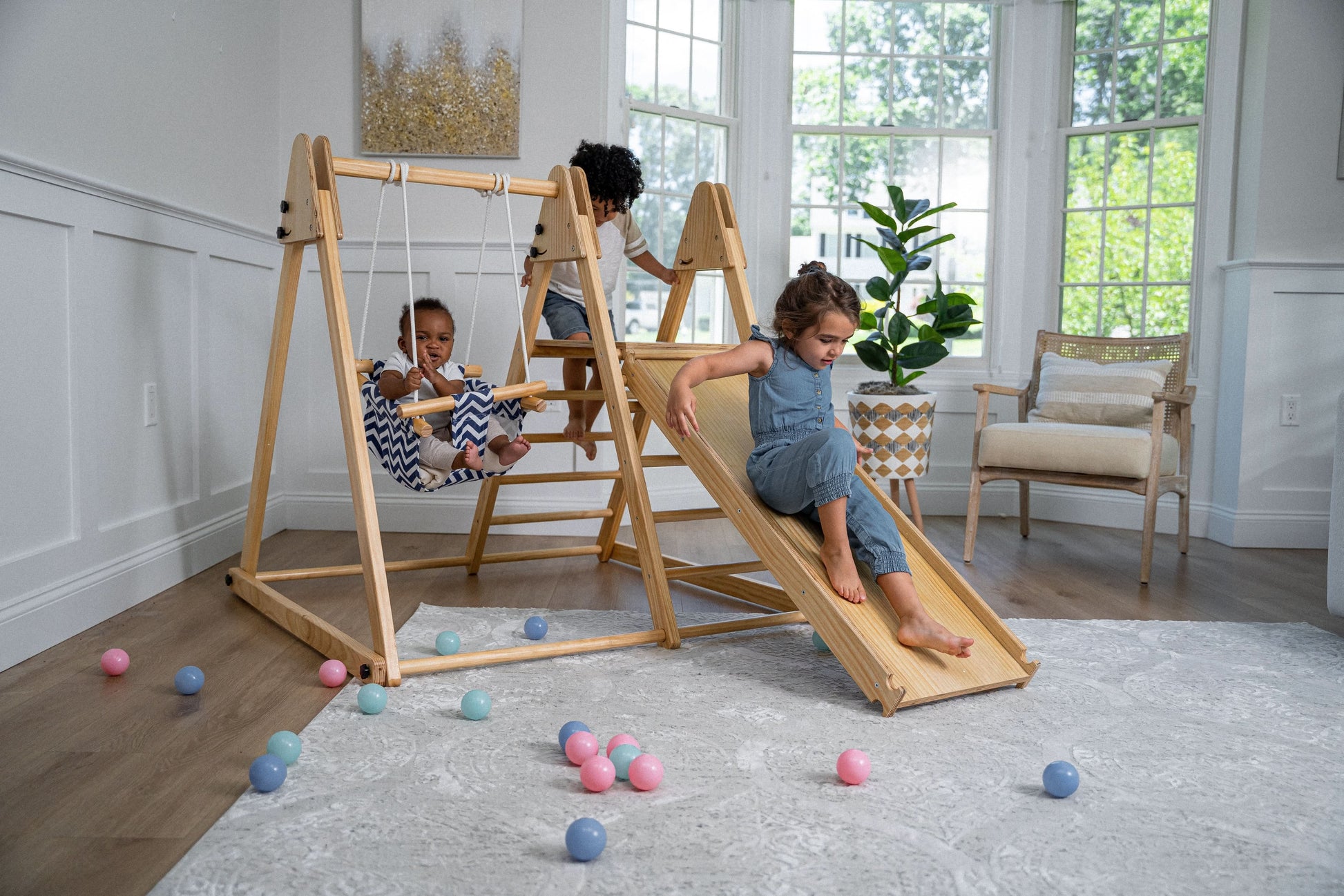 Avenlur's Juniper Real Wood Folding Playset - Frontal View - Featuring Interchangeable Wooden Swing Detail