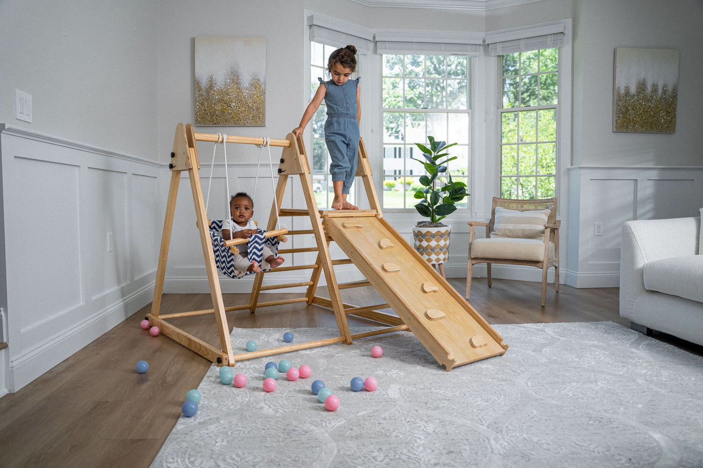 Avenlur's Juniper Real Wood Folding Playset - Frontal View - Featuring Interchangeable Wooden Swing Detail