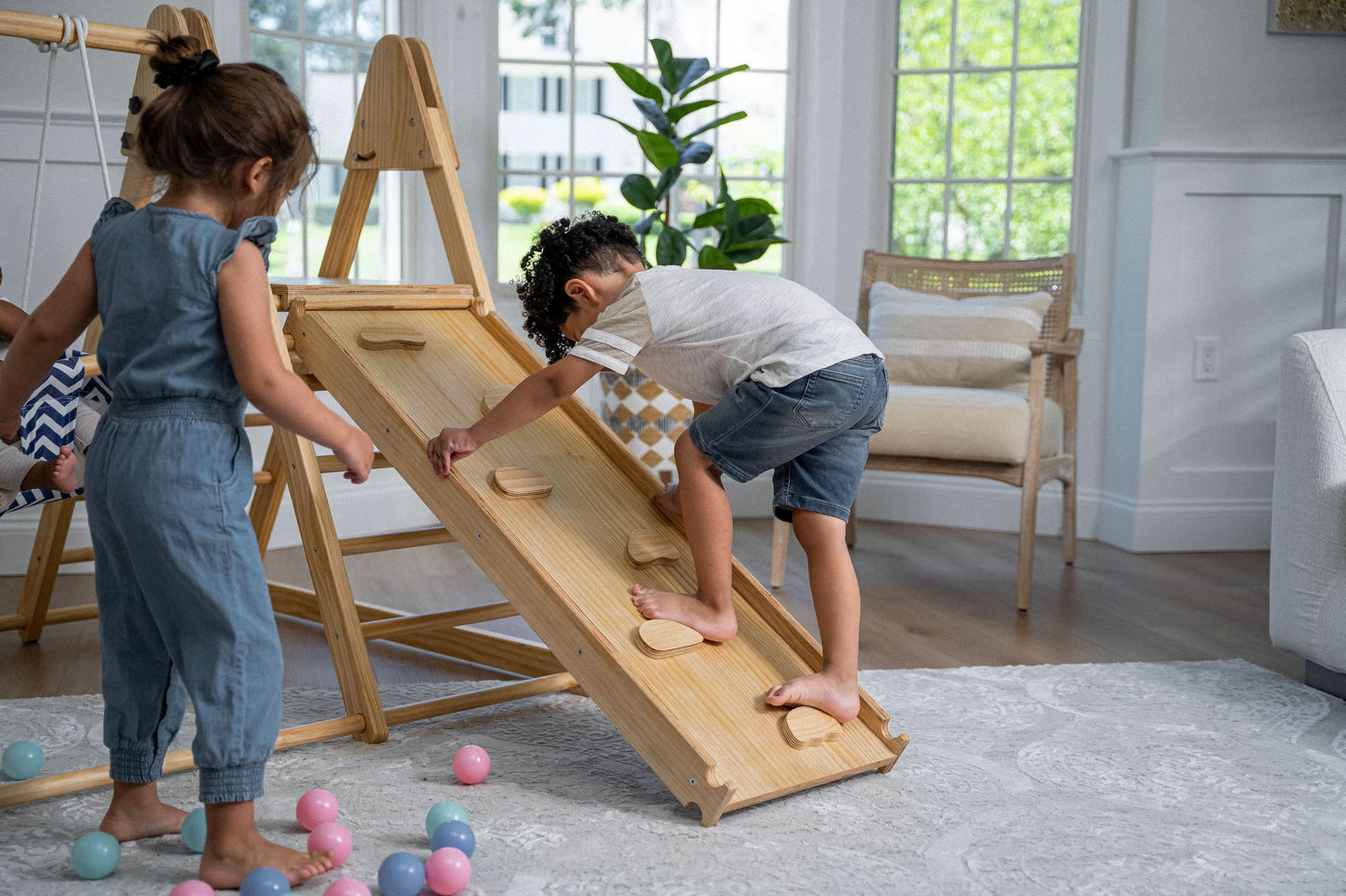 Avenlur's Juniper Real Wood Folding Playset - Frontal View - Featuring Interchangeable Wooden Swing Detail