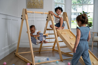 Avenlur's Juniper Real Wood Folding Playset - Frontal View - Featuring Interchangeable Wooden Swing Detail