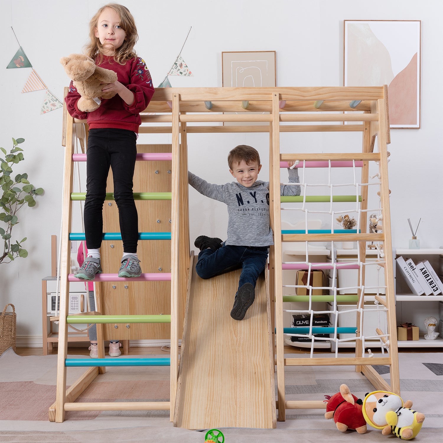 Children Playing on Avenlur's Magnolia Real Wood Playset in Playroom - Front View