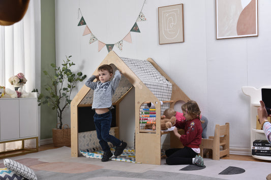Children Playing in Flair - Avenlur's Wood Indoor Playhouse with Desk and Chair in Playroom