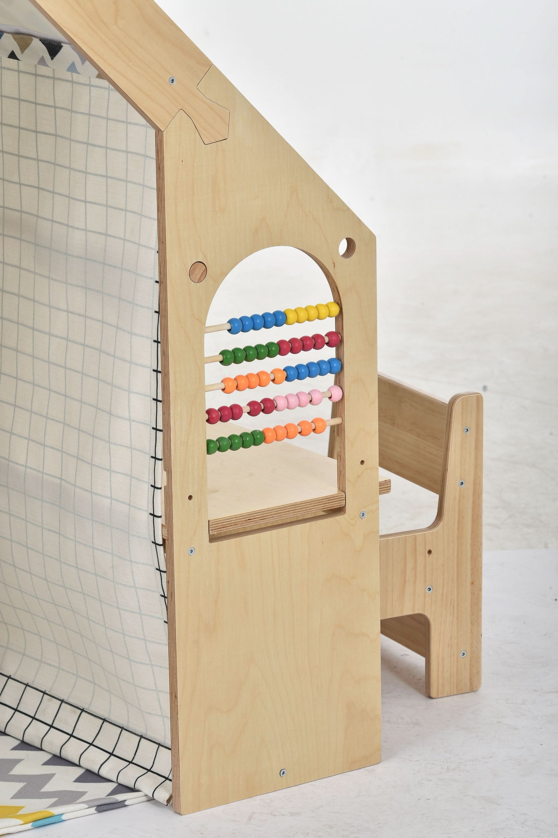 Flair - Avenlur's Wood Indoor Playhouse with Desk and Chair - Side Detail of Abacus Desk Game