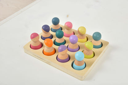 Wooden Rainbow Peg Dolls Figures 12 Piece Set.