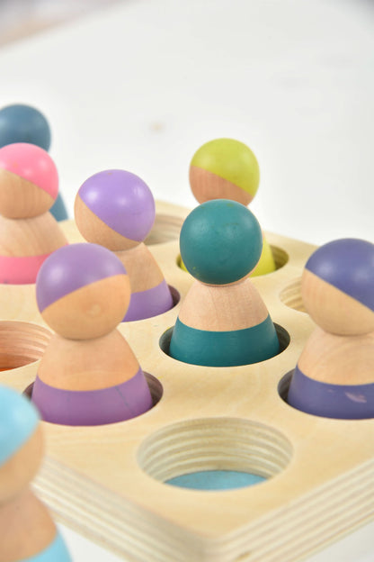 Wooden Rainbow Peg Dolls Figures 12 Piece Set.