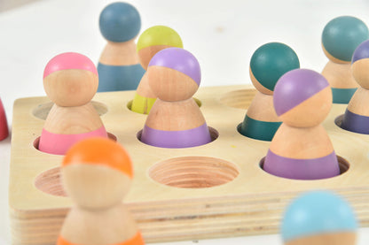 Wooden Rainbow Peg Dolls Figures 12 Piece Set.