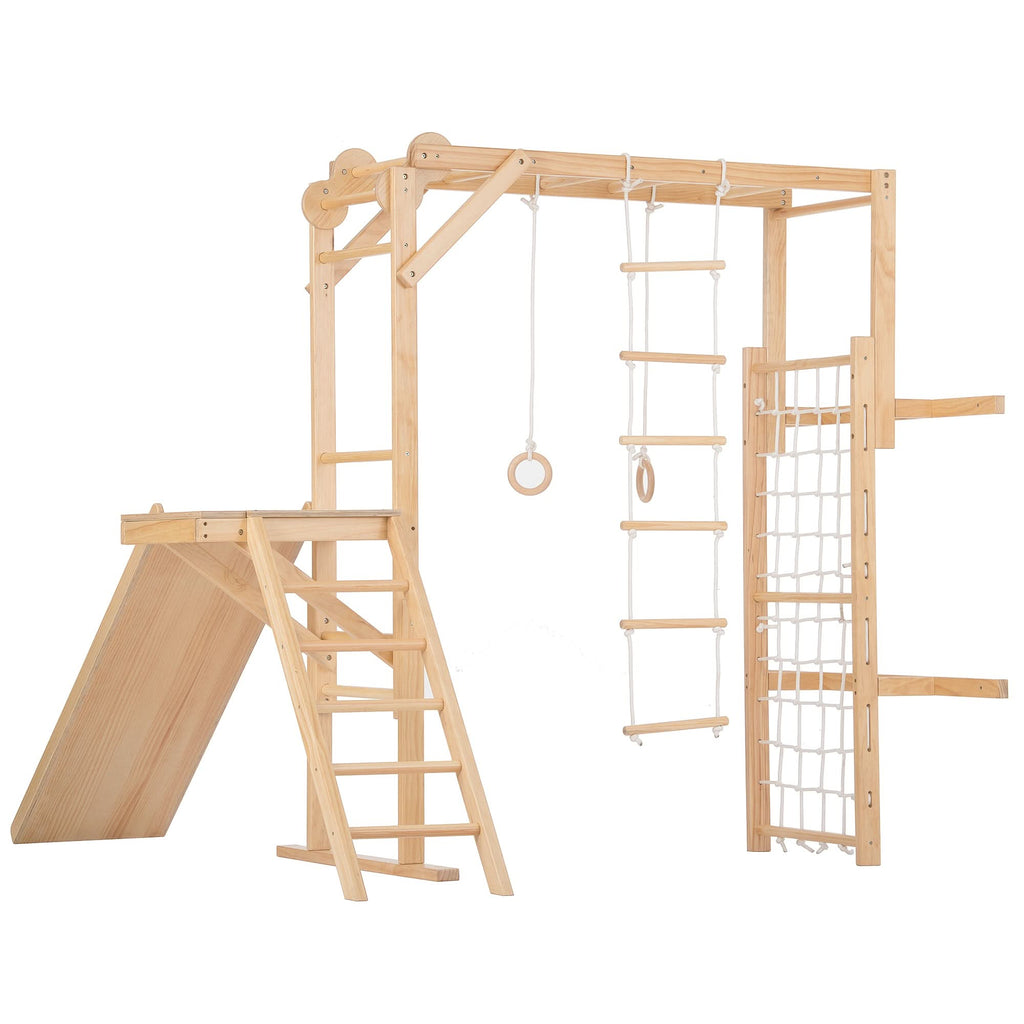 Avenlur Grove 8-in-1 foldable indoor playground folded against the wall to save space