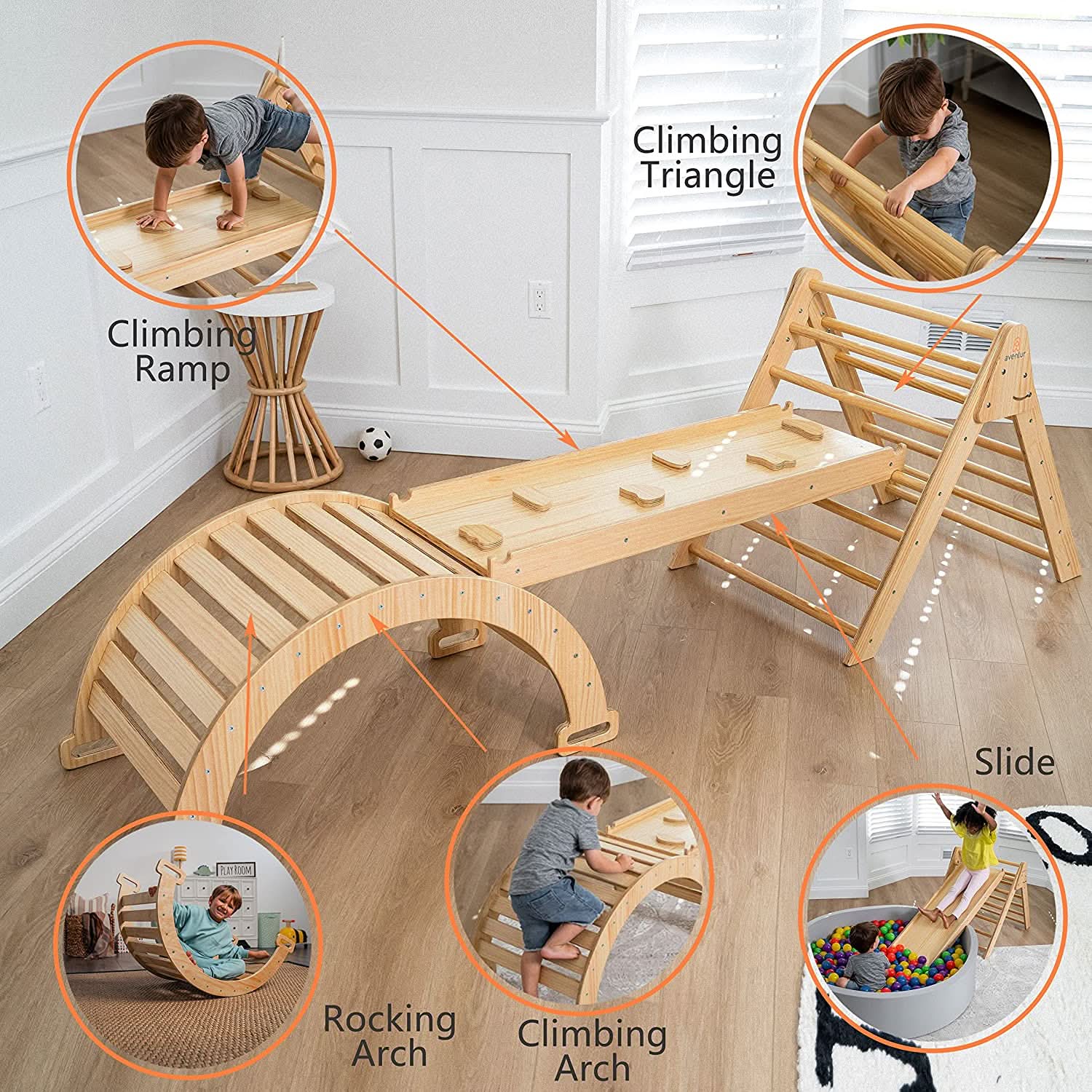 Labeled diagram of Avenlur Hazel Pikler Triangle showing slide, climbing ramp, triangle, arch, and rocker functions