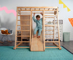 Avenlur Magnolia colorful wooden climbing gym with rock wall, slide and rope ladder for toddlers and kids