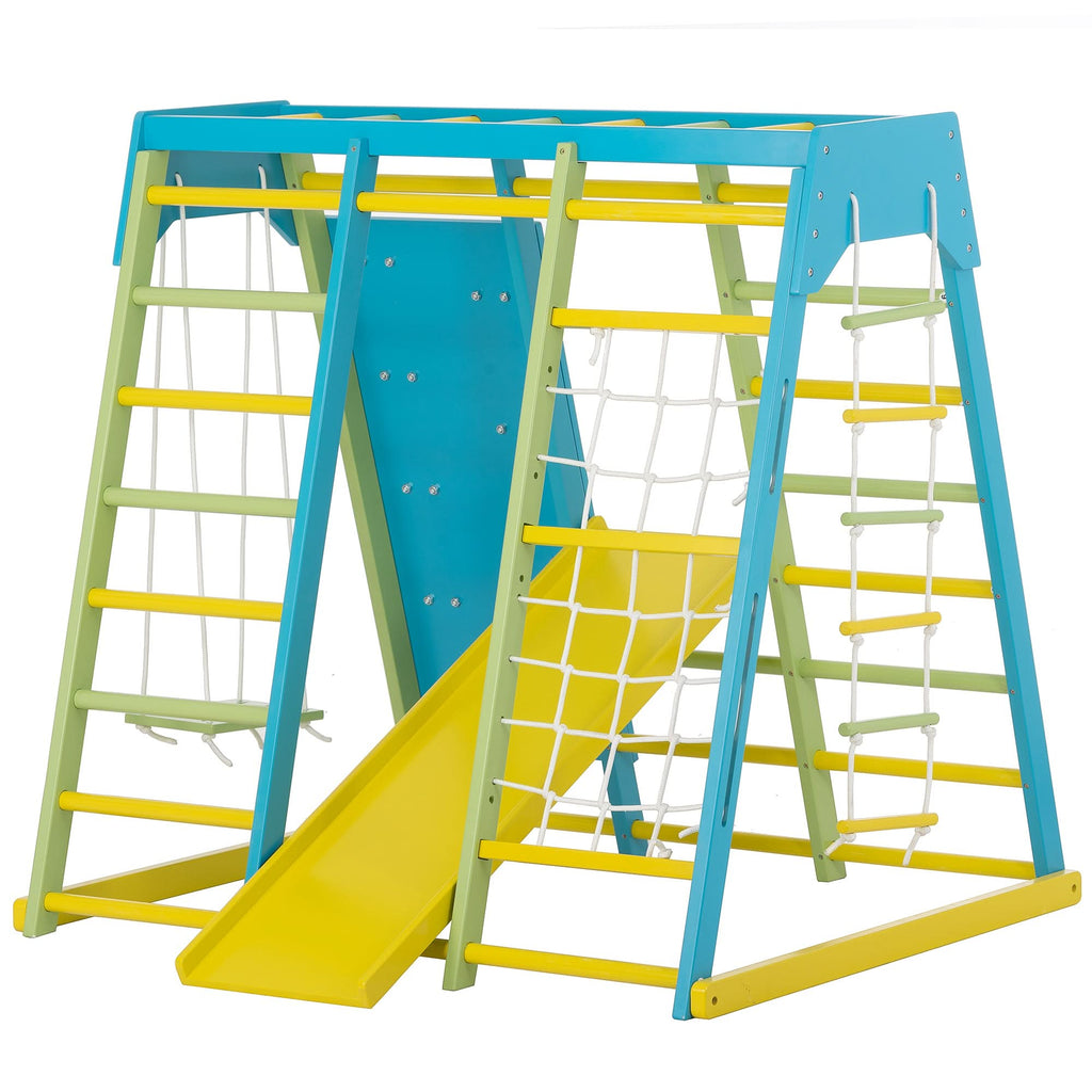 Front view of the Avenlur Magnolia full color wooden indoor jungle gym with monkey bars, rock wall and slide