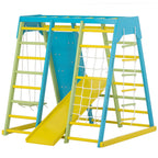Front view of the Avenlur Magnolia full color wooden indoor jungle gym with monkey bars, rock wall and slide