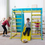 Kids playing together on the Avenlur Magnolia wooden indoor jungle gym in a bright playroom