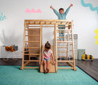 Avenlur Magnolia indoor wooden jungle gym with ladder, monkey bars and rock wall for active indoor play