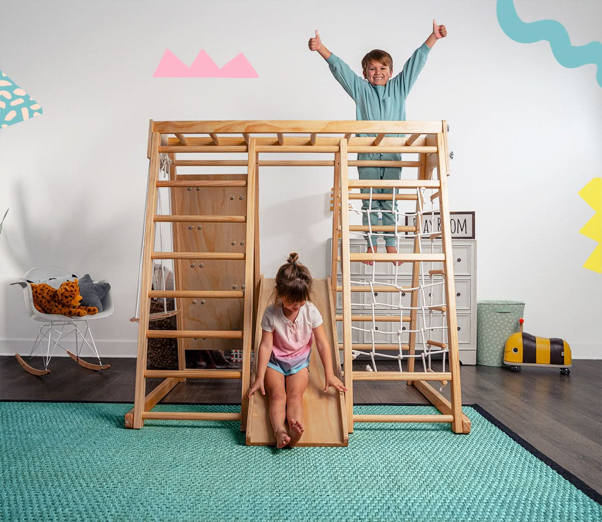 Avenlur Magnolia indoor wooden jungle gym with ladder, monkey bars and rock wall for active indoor play