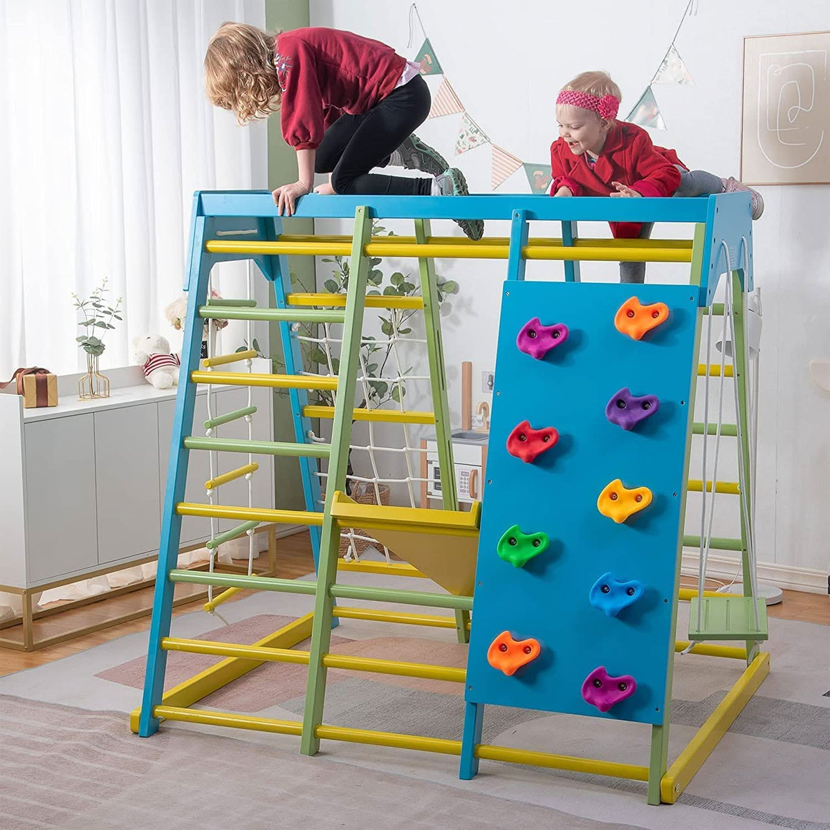 Avenlur Magnolia real wood jungle gym with rock climbing wall and monkey bars