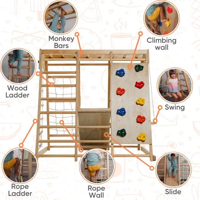 Avenlur Magnolia real wood indoor jungle gym with monkey bars and rope ladder