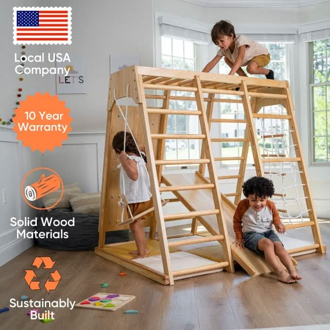 Avenlur Magnolia toddler indoor jungle gym with rock climbing wall and swing