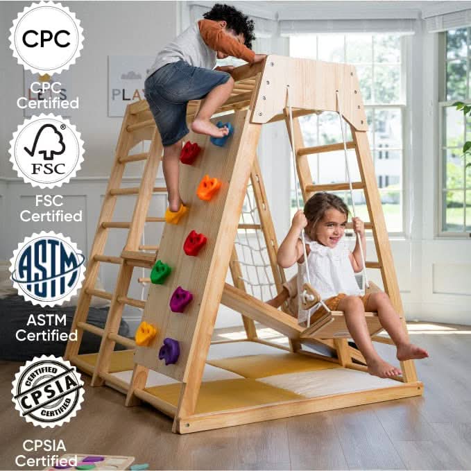 Avenlur Magnolia wooden jungle gym for kids with ladder, slide and climbing net