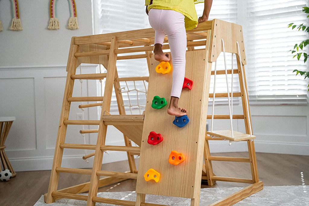 Avenlur Magnolia 7-in-1 wooden climbing gym with slide, swing and climbing net