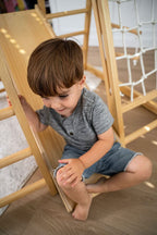 Avenlur Magnolia indoor wooden jungle gym with rope ladder, rock wall and monkey bars