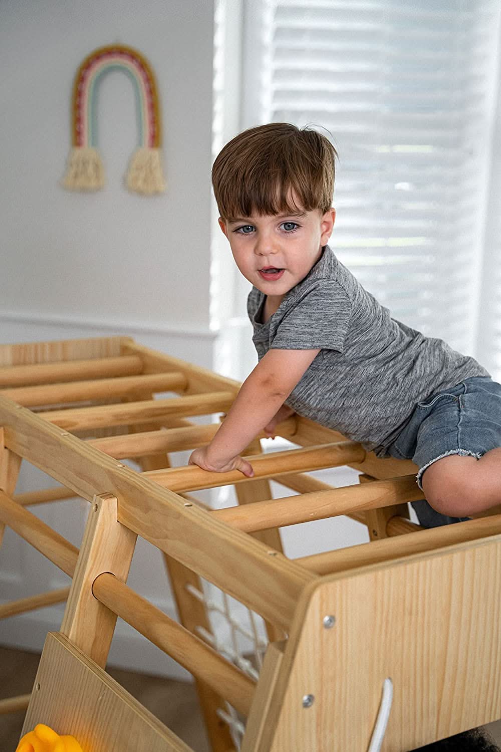Avenlur Magnolia wooden indoor jungle gym with monkey bars, rock wall and slide