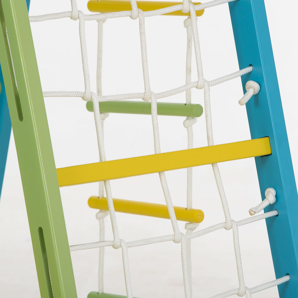 Close-up of the rope ladder on the Avenlur Magnolia full color wooden indoor jungle gym