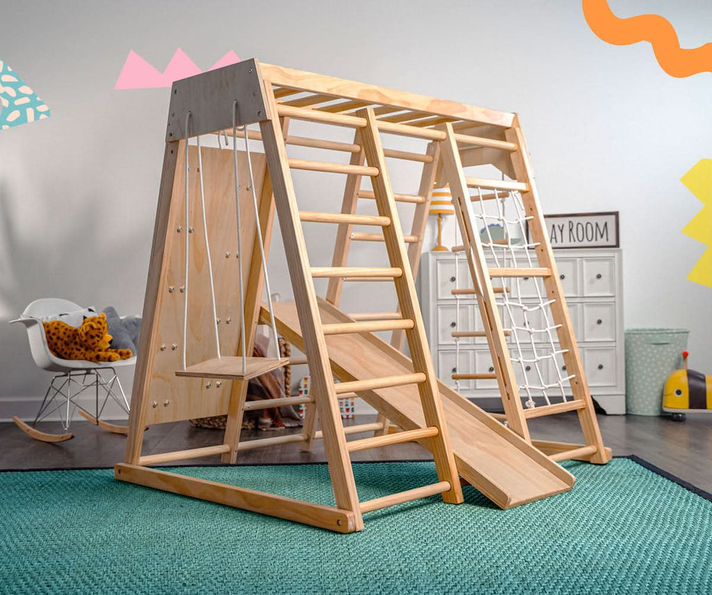 Avenlur Magnolia rainbow wooden jungle gym with swing, climbing wall and monkey bars for toddlers